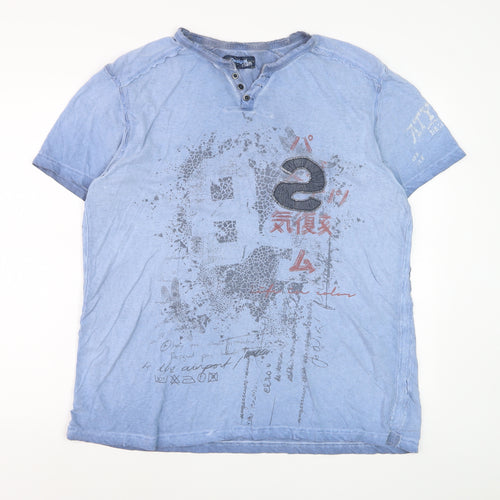 Desigual Men Blue Graphic Henley T-Shirt Size 2XL Cotton