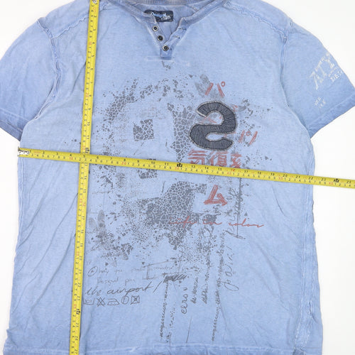 Desigual Men Blue Graphic Henley T-Shirt Size 2XL Cotton