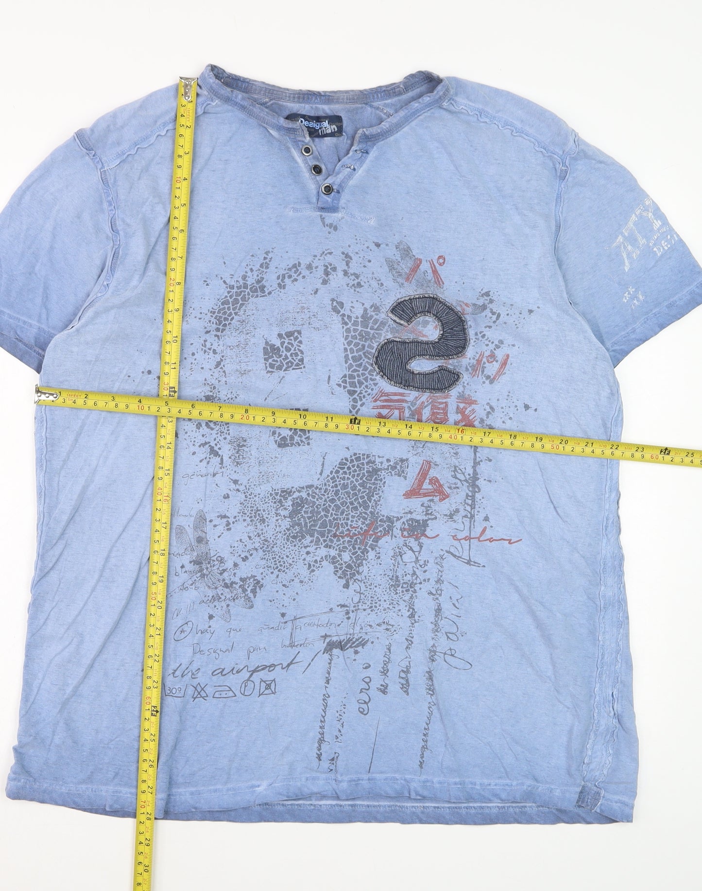Desigual Men Blue Graphic Henley T-Shirt Size 2XL Cotton