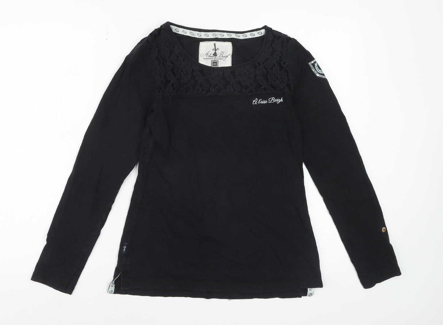 Alaise Breizh Women Black Long Sleeve Lace Cotton Blouse M