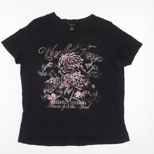 New Look Women's Black Floral Music Graphic Cotton T-Shirt Size 12
