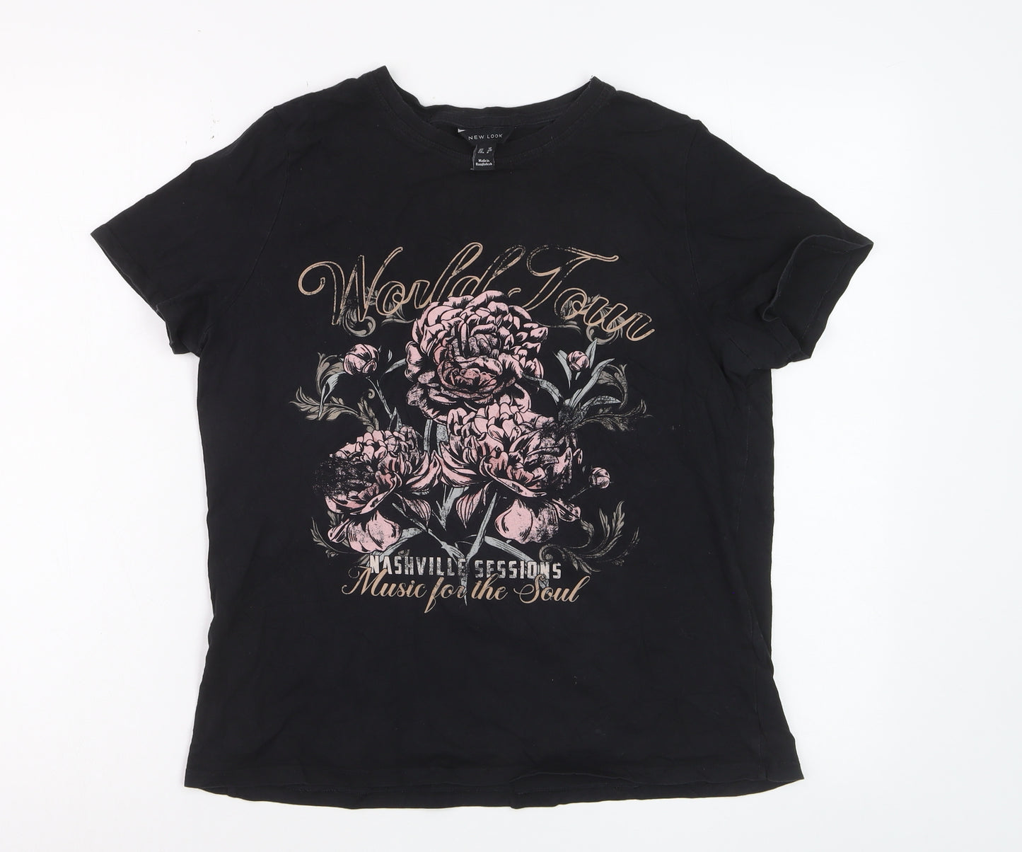 New Look Women's Black Floral Music Graphic Cotton T-Shirt Size 12