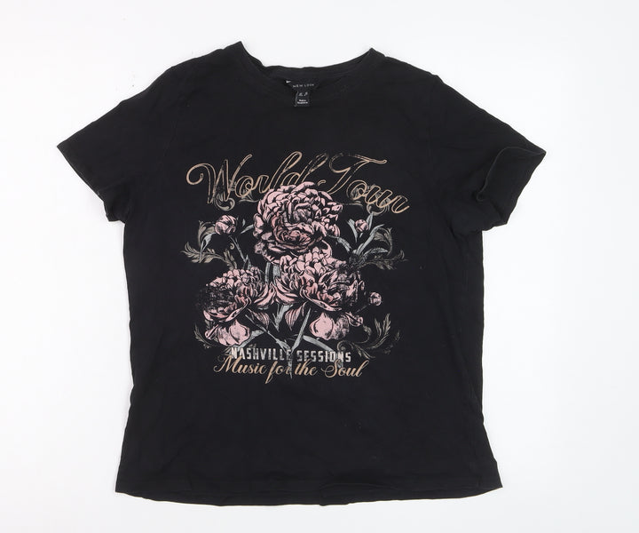 New Look Women's Black Floral Music Graphic Cotton T-Shirt Size 12