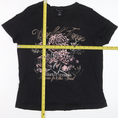 New Look Women's Black Floral Music Graphic Cotton T-Shirt Size 12