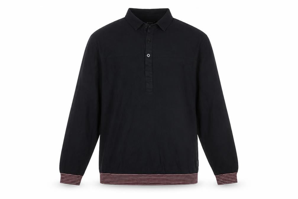 Front view of Ted Baker Men's Black Long Sleeve Polo, size L, Cotton Blend