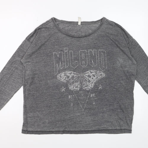 Blendshe Womens Grey Milano Butterfly Long Sleeve Relaxed Fit T-Shirt Size M