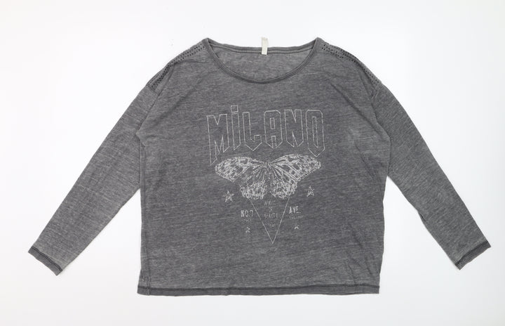 Blendshe Womens Grey Milano Butterfly Long Sleeve Relaxed Fit T-Shirt Size M