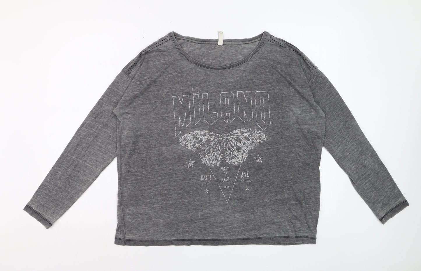 Blendshe Womens Grey Milano Butterfly Long Sleeve Relaxed Fit T-Shirt Size M
