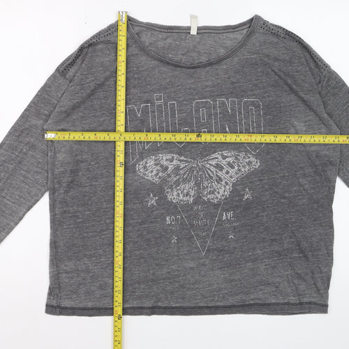 Blendshe Womens Grey Milano Butterfly Long Sleeve Relaxed Fit T-Shirt Size M