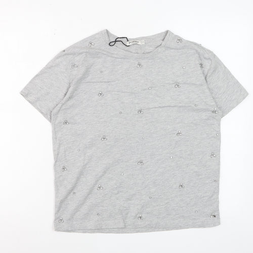 Stradivarius Women's Grey Beaded Short Sleeve Cotton T-Shirt XS
