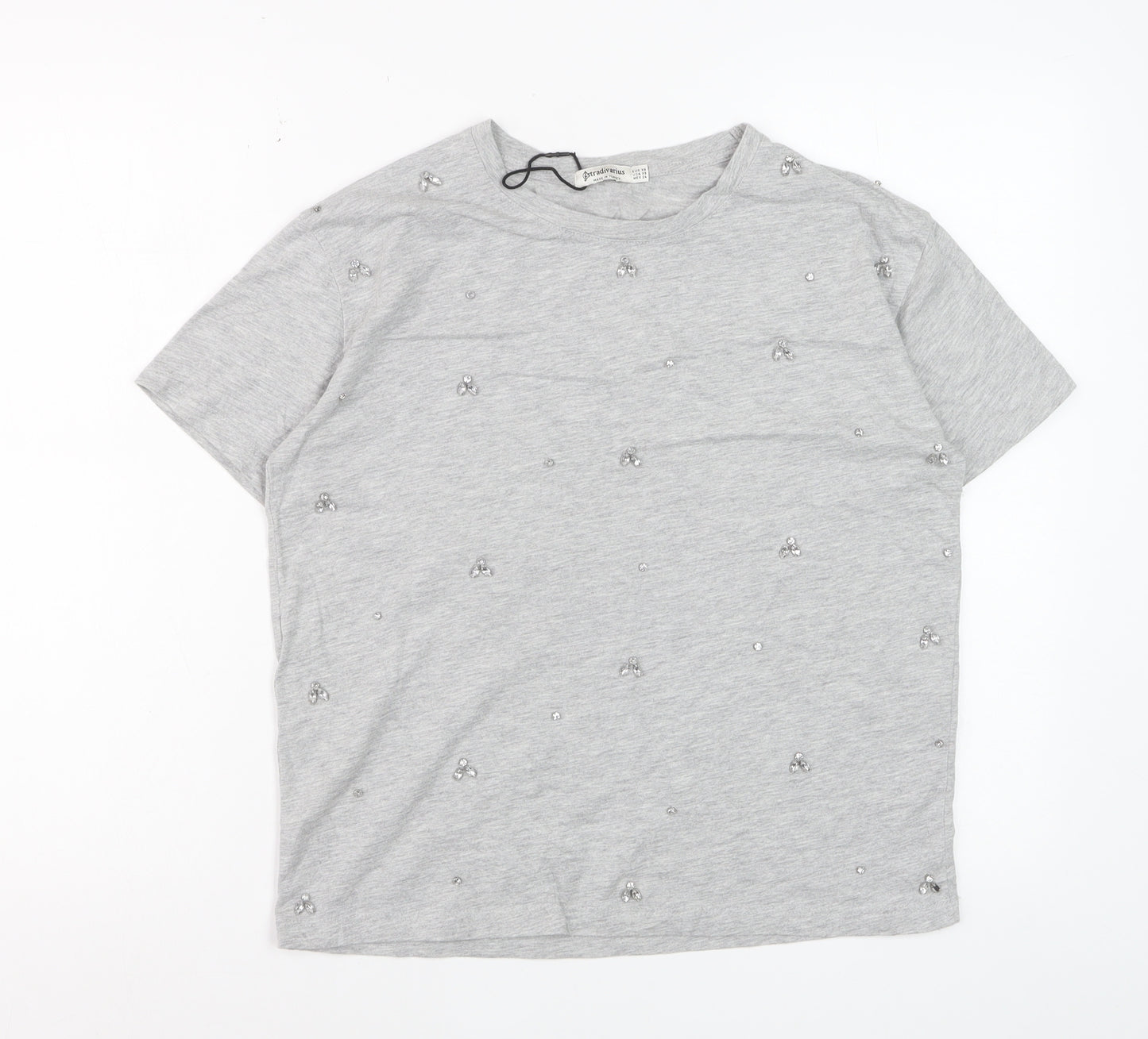 Stradivarius Women's Grey Beaded Short Sleeve Cotton T-Shirt XS