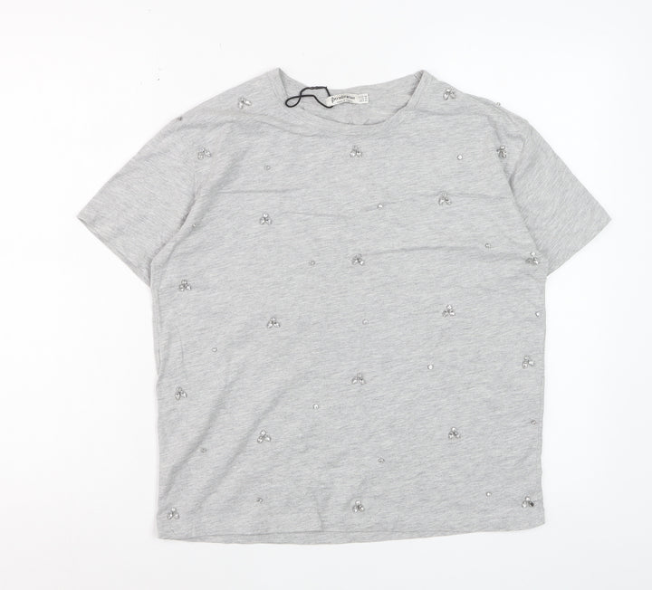 Stradivarius Women's Grey Beaded Short Sleeve Cotton T-Shirt XS