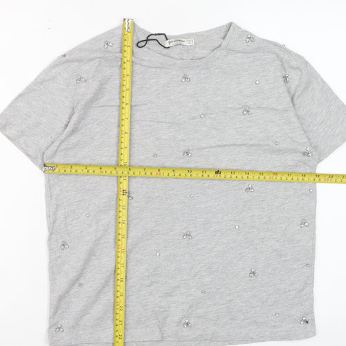 Stradivarius Women's Grey Beaded Short Sleeve Cotton T-Shirt XS