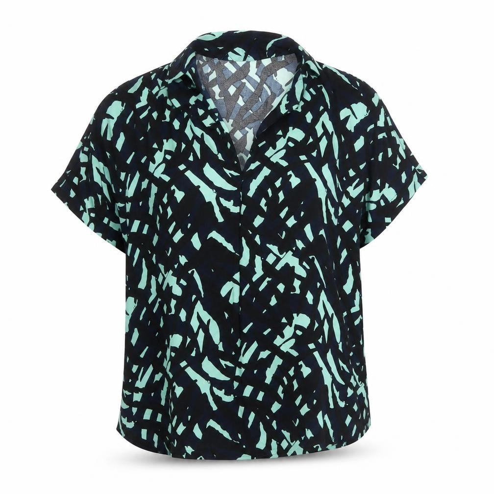Front view of Marks & Spencer Women Blue Abstract Short Sleeve Blouse, size 12