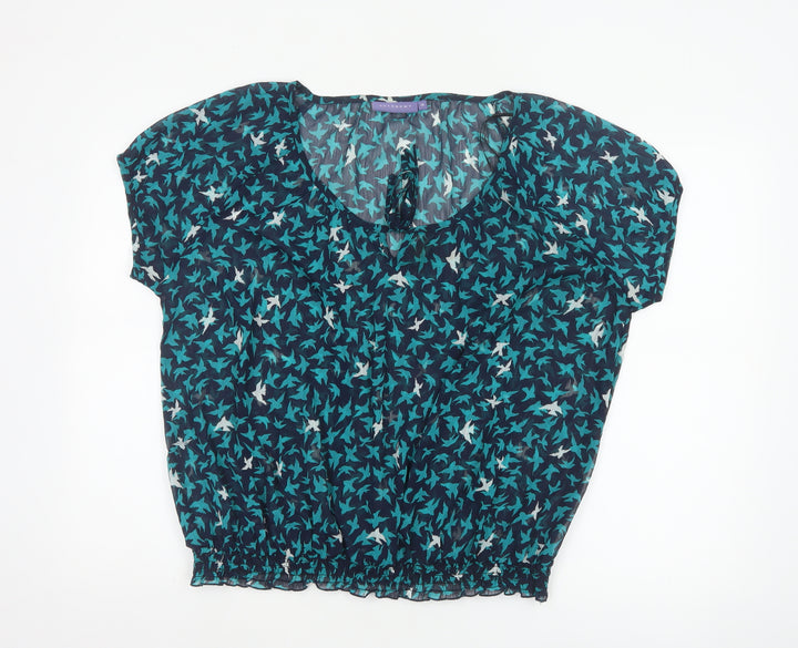 Autonomy Womens Blue Bird Print Short Sleeve Blouse Size 20