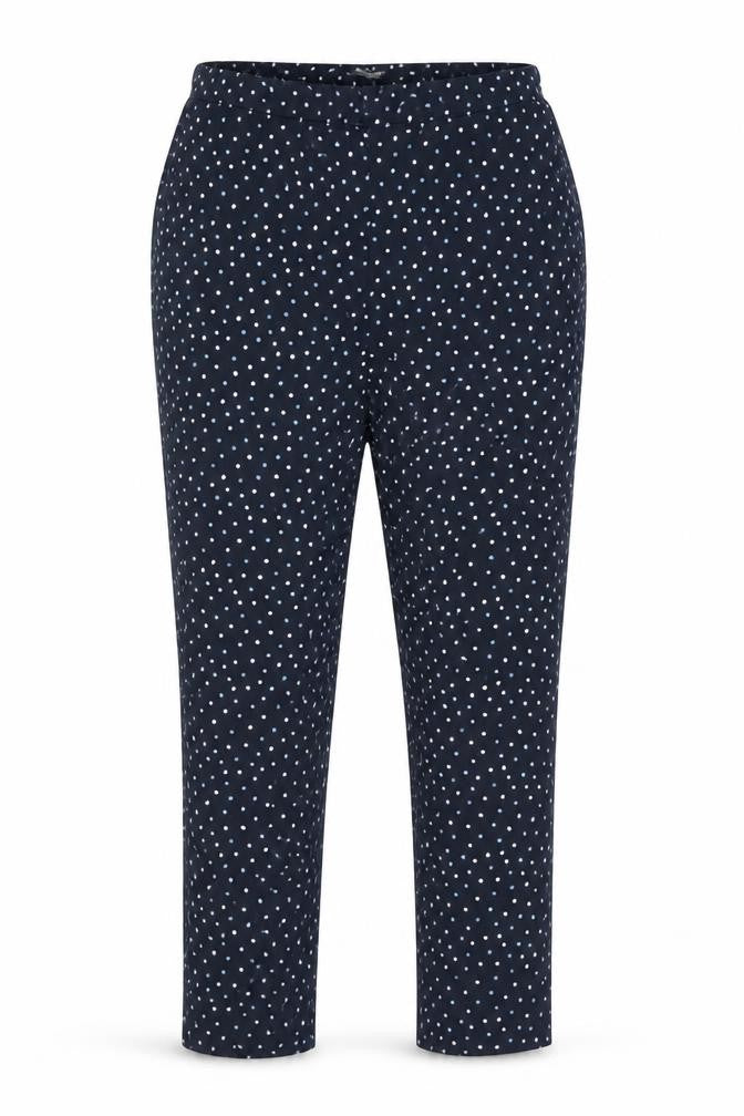 Front view of Laura Ashley women’s blue polka dot viscose trousers, size UK 12