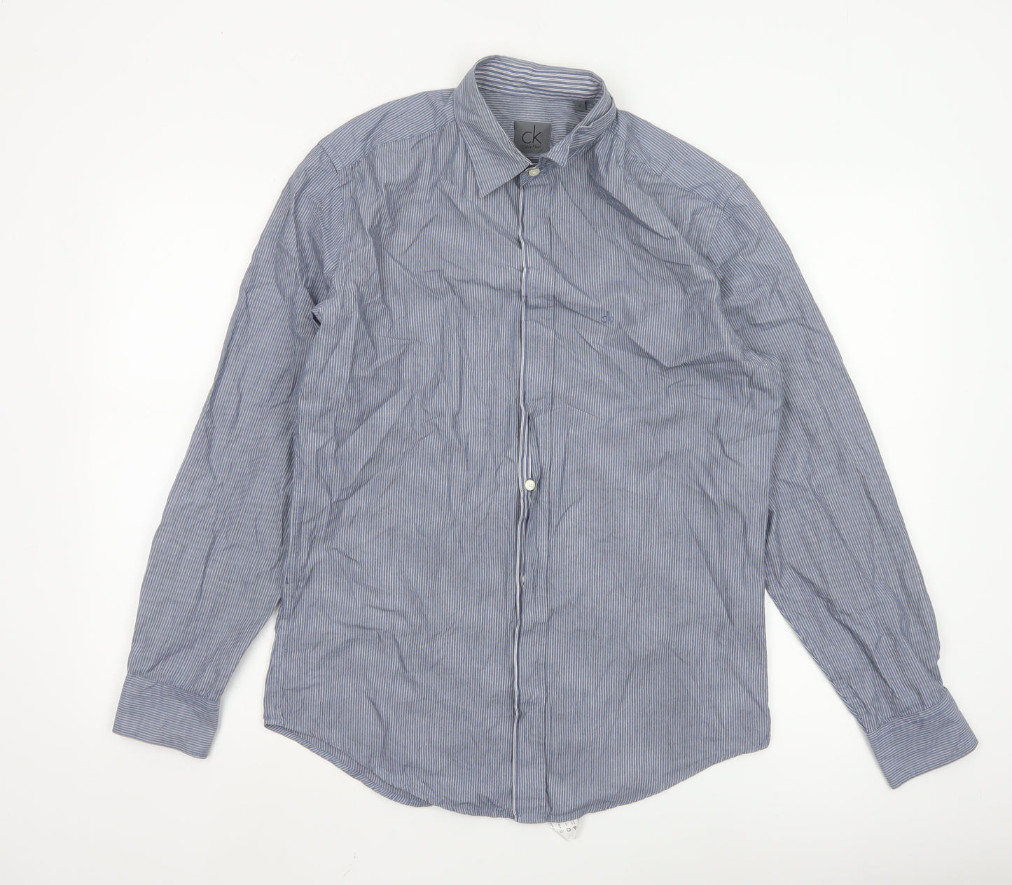 Calvin Klein Men's Blue Striped Regular Fit Long Sleeve Button-Up Shirt Size S