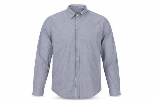 Front view of Calvin Klein Men's Blue Striped Regular Fit Long Sleeve Button-Up Shirt, size S