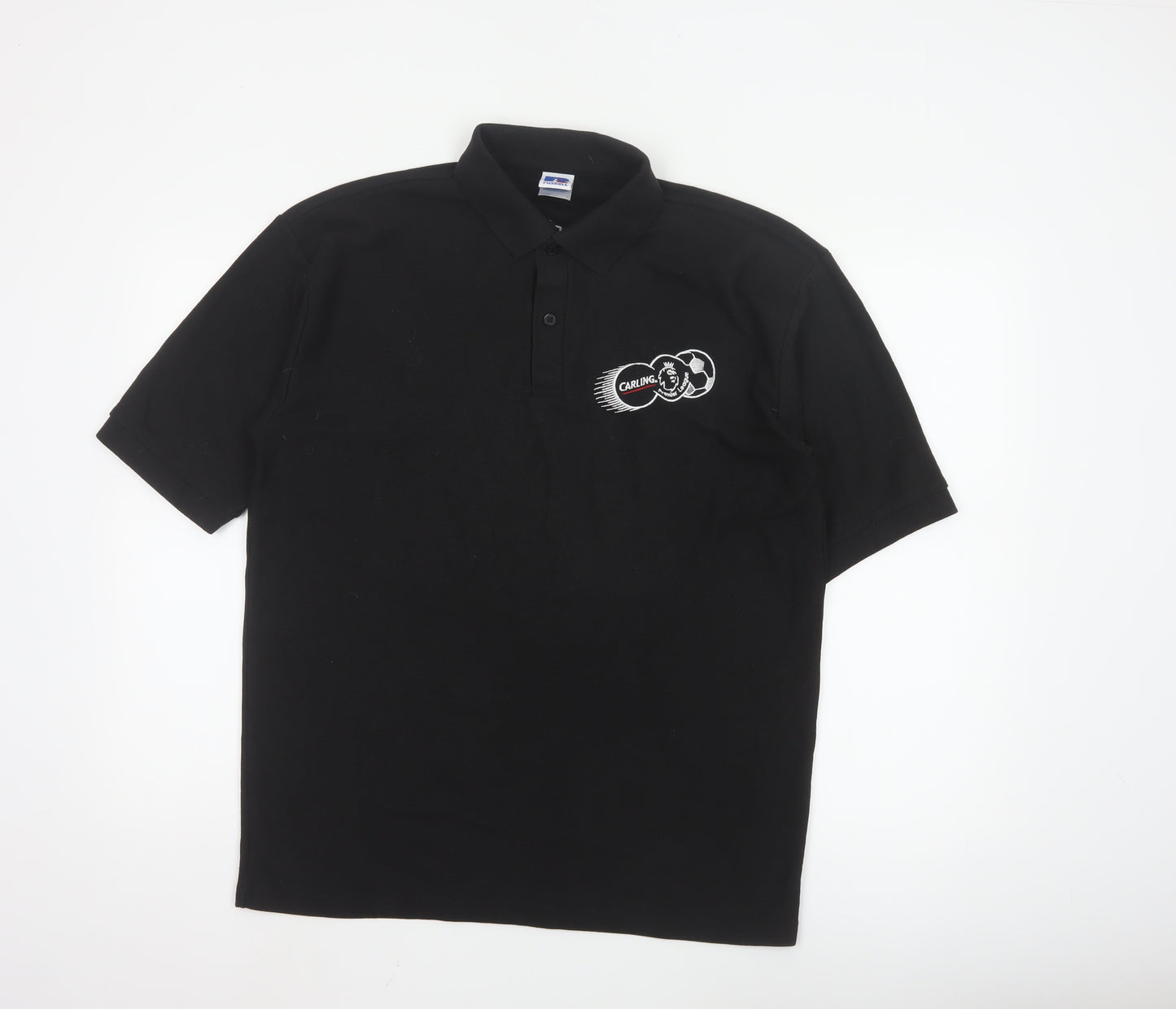 Russell Men’s Black Polo Shirt L Carling Embroidered Beer Logo