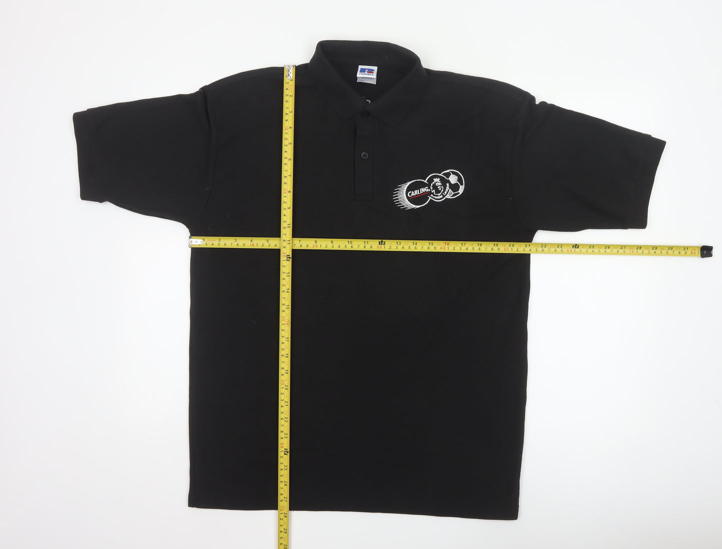 Russell Men’s Black Polo Shirt L Carling Embroidered Beer Logo