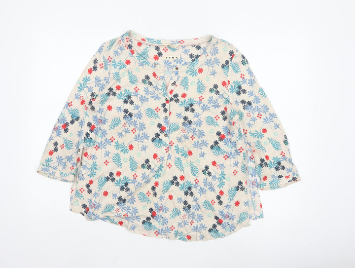 White Stuff Women's Beige Floral Cotton 3/4 Sleeve Tunic Blouse Size 12