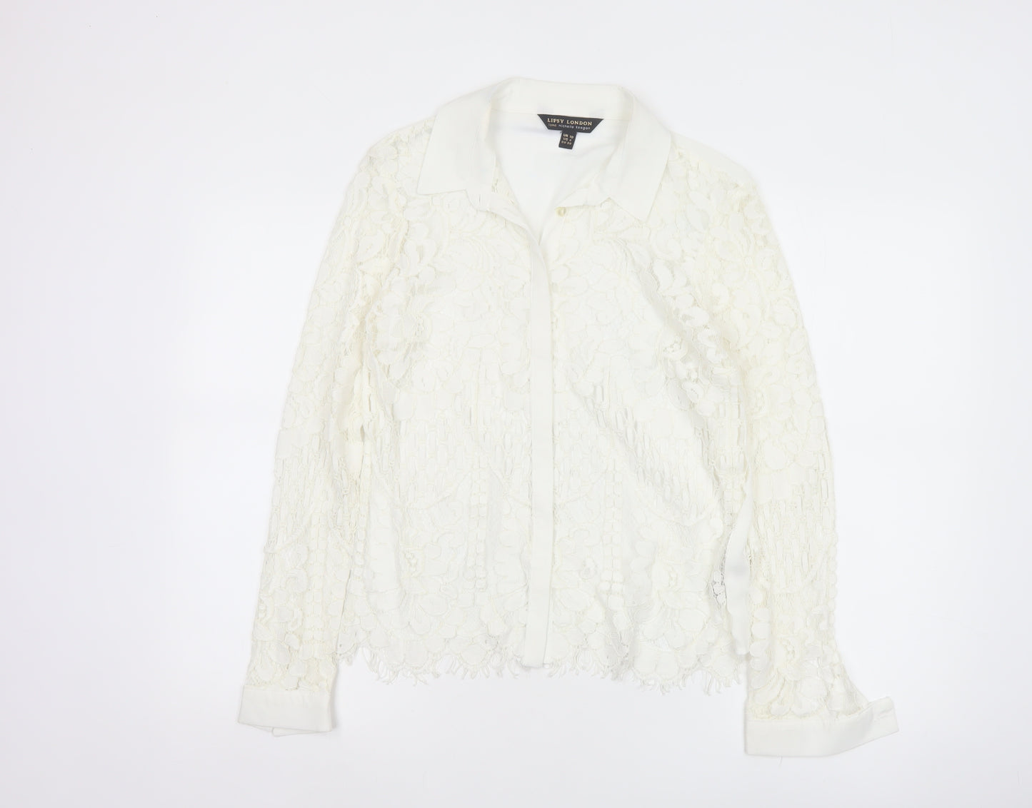 Lipsy London Women Ivory Lace Collared Long Sleeve Tunic Blouse Size 10