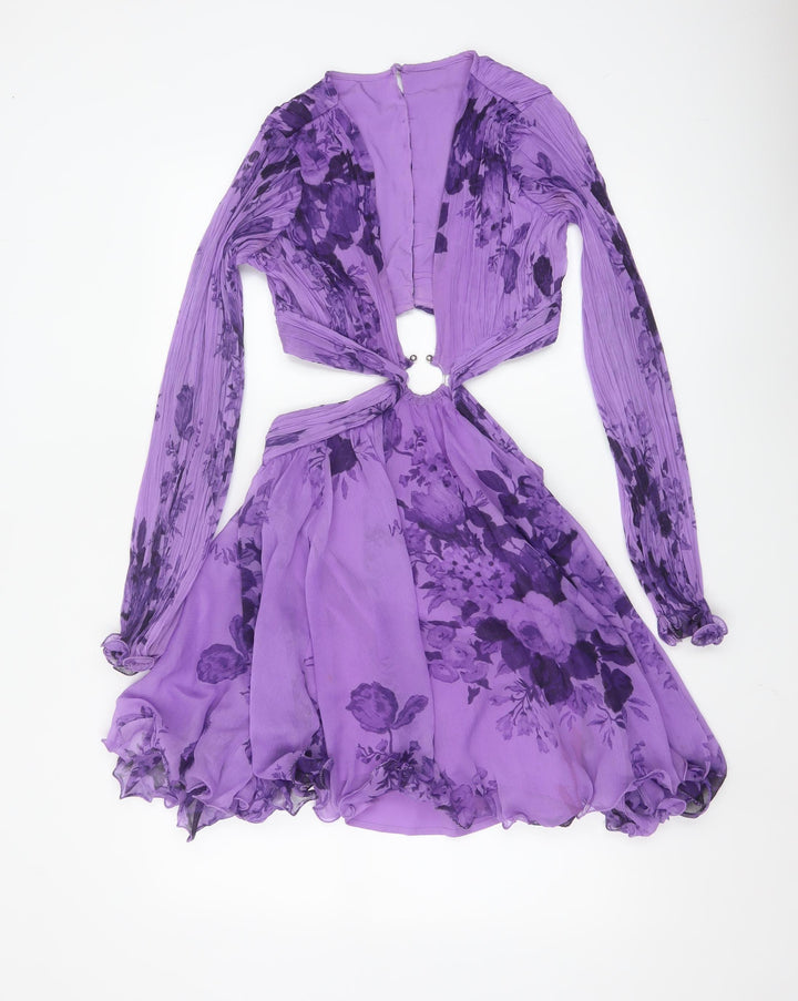 ASOS DESIGN Women’s Purple Floral Cut Out Chiffon Mini Dress Size 4