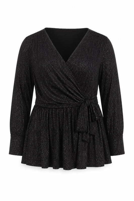 Front view of Yours women’s black wrap blouse, size UK 26-28 plus, long sleeve