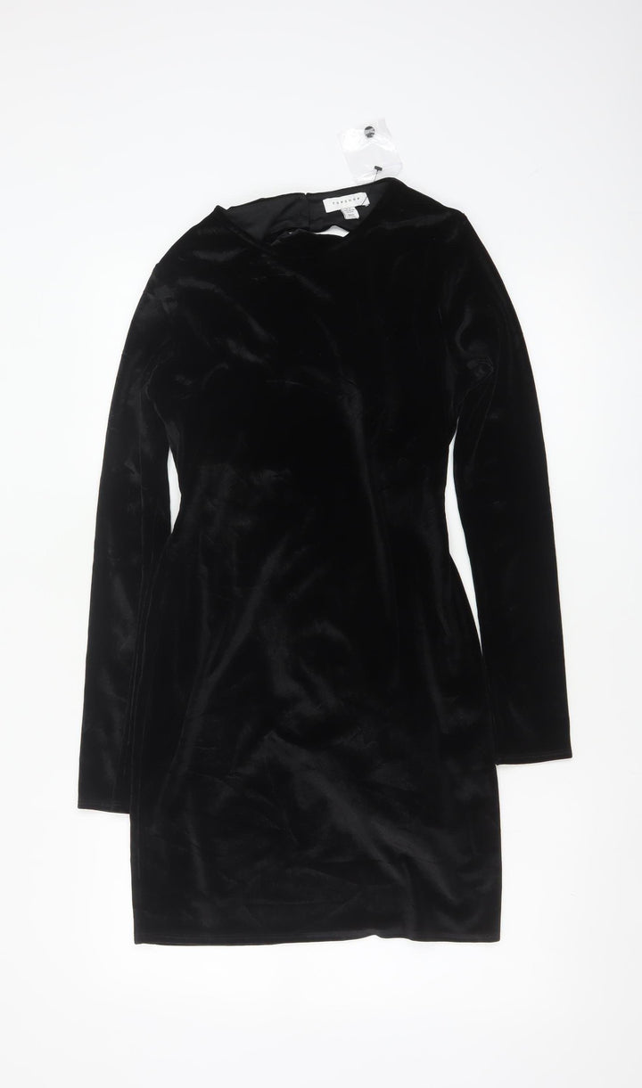 Topshop Women Black Velvet Bodycon Mini Dress Size 8-10 Long Sleeve