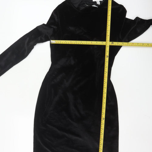 Topshop Women Black Velvet Bodycon Mini Dress Size 8-10 Long Sleeve