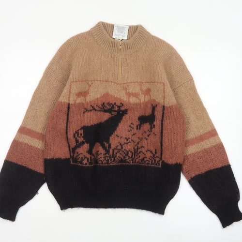 Snowy Peak Women Brown Mohair Half Zip Pullover Jumper Size L Deer Pattern