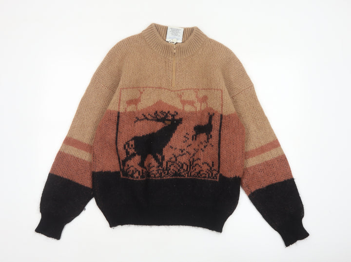 Snowy Peak Women Brown Mohair Half Zip Pullover Jumper Size L Deer Pattern