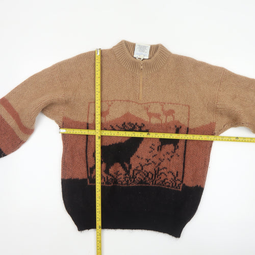 Snowy Peak Women Brown Mohair Half Zip Pullover Jumper Size L Deer Pattern