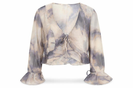 Front view of Stradivarius women’s multicoloured chiffon cropped blouse, size UK 12
