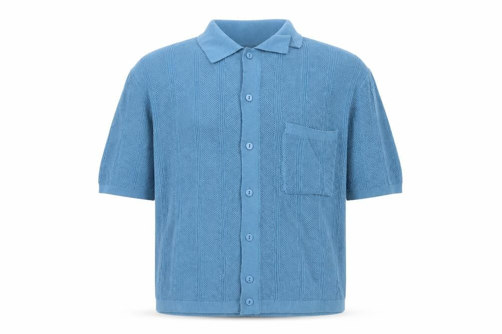 Front view of BDG Blue Cotton Collared Short Sleeve Button Knit Cardigan Jumper M