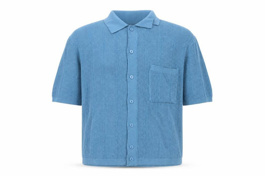 Front view of BDG Blue Cotton Collared Short Sleeve Button Knit Cardigan Jumper M