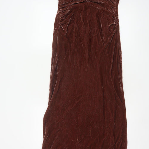 ZARA Women Brown Velvet Long Slip Dress Size 12 Ruched Stretch
