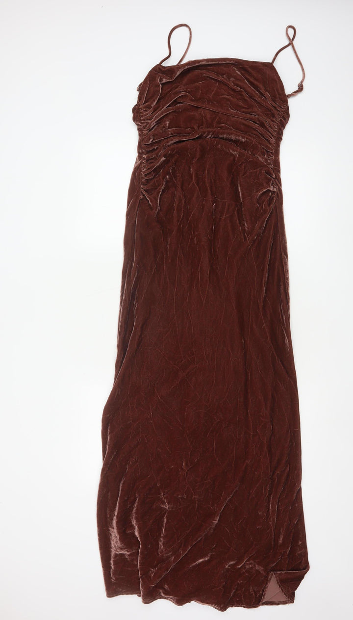 ZARA Women Brown Velvet Long Slip Dress Size 12 Ruched Stretch