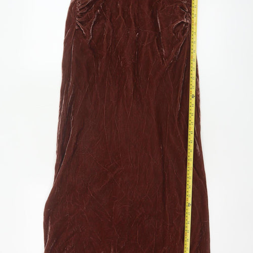 ZARA Women Brown Velvet Long Slip Dress Size 12 Ruched Stretch
