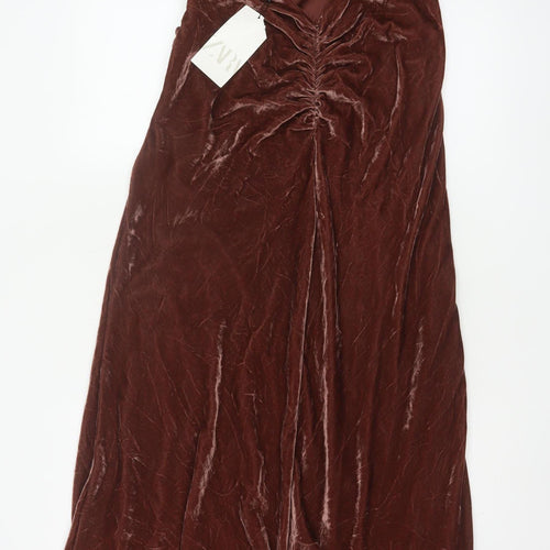 ZARA Women Brown Velvet Long Slip Dress Size 12 Ruched Stretch