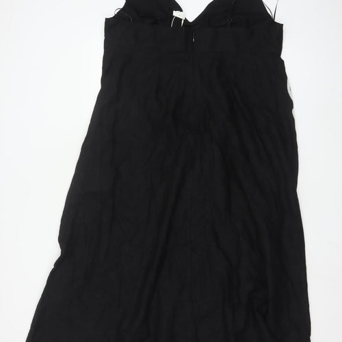 Marks and Spencer Women Black Linen Slip Dress Size 18 Embroidered Floral