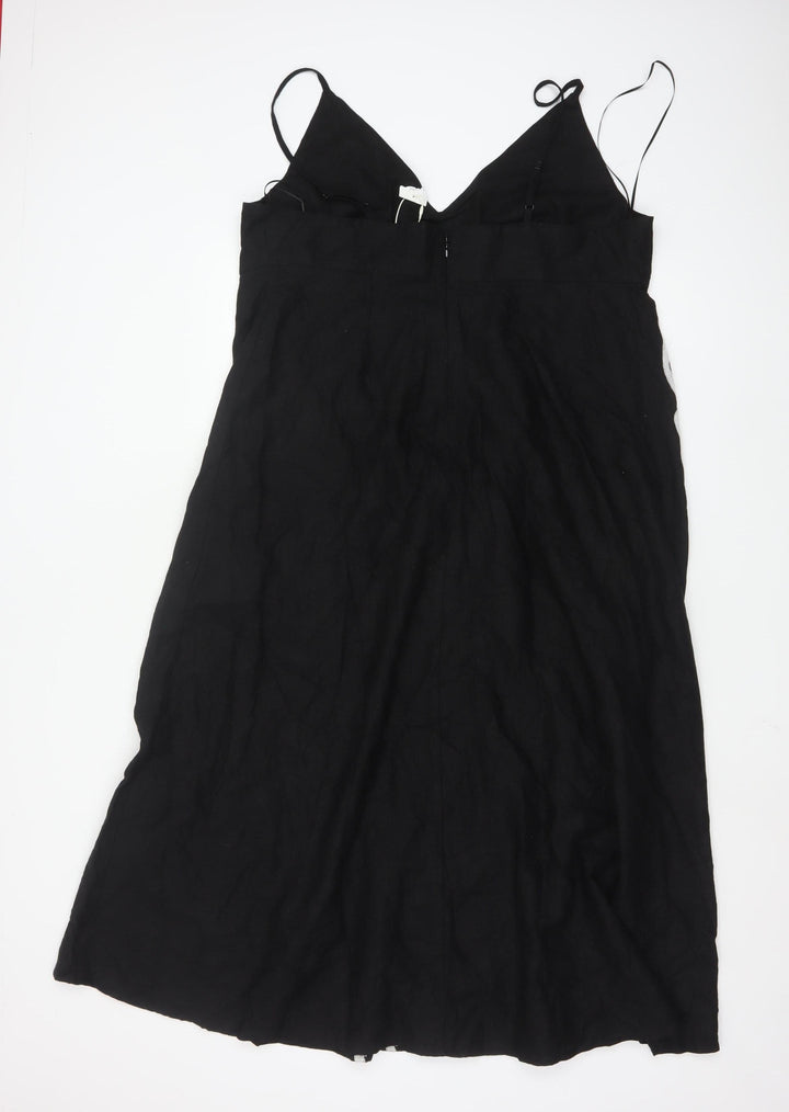 Marks and Spencer Women Black Linen Slip Dress Size 18 Embroidered Floral