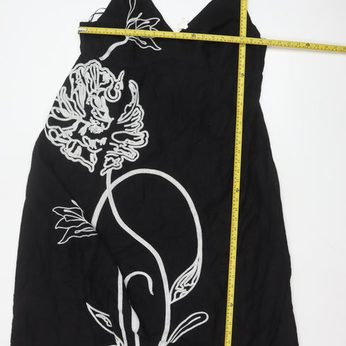 Marks and Spencer Women Black Linen Slip Dress Size 18 Embroidered Floral