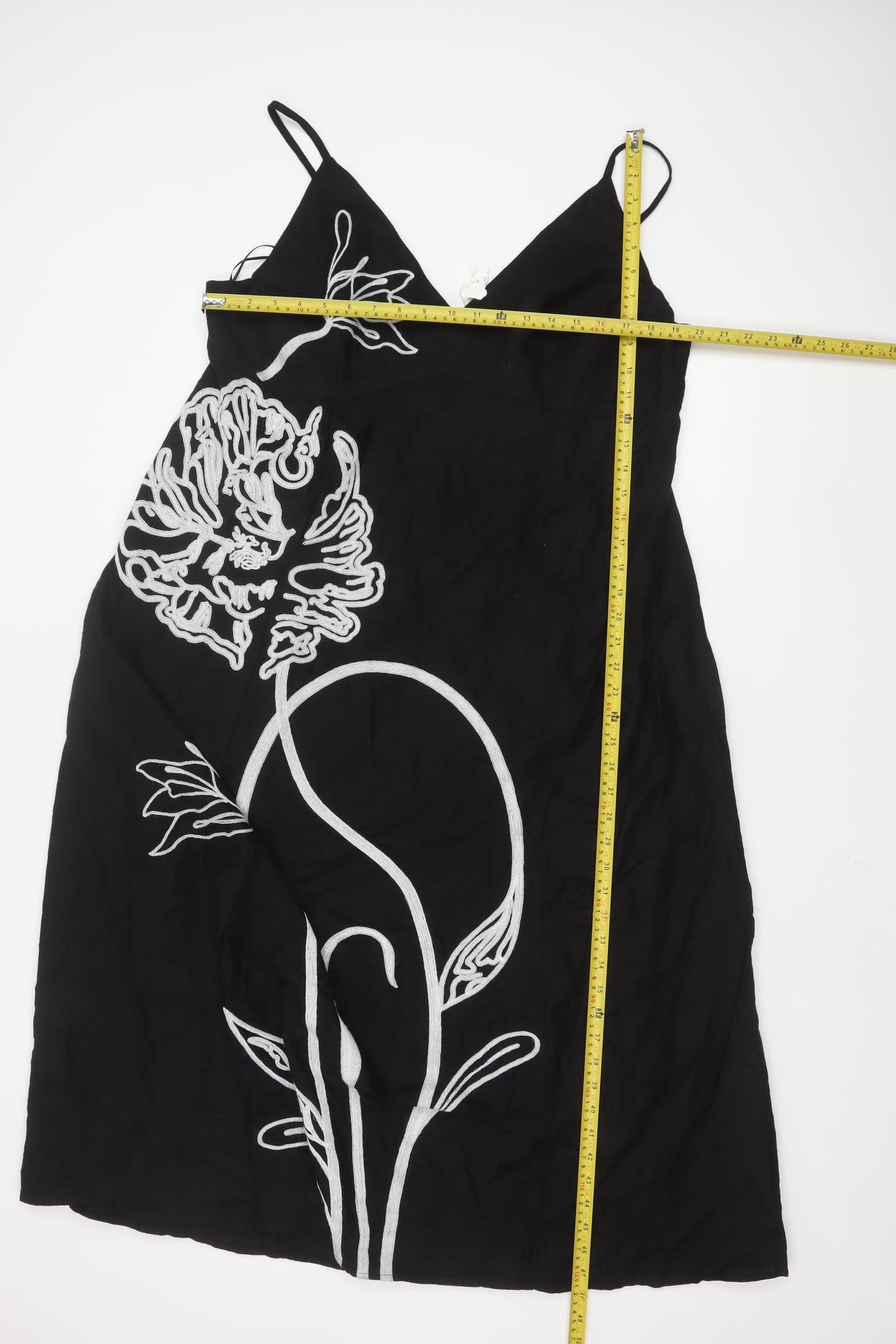 Marks and Spencer Women Black Linen Slip Dress Size 18 Embroidered Floral