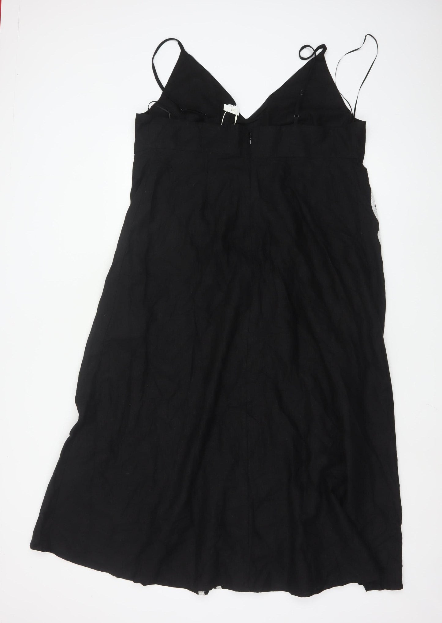 Marks and Spencer Women Black Linen Slip Dress Size 18 Embroidered Floral