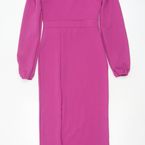 Boohoo Women Pink Midi Bodycon Dress Size 10 Long Sleeve Square Neck