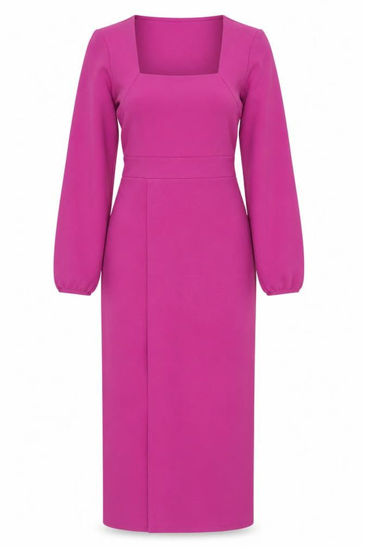 Front view of Boohoo Women Pink Midi Bodycon Dress, size 10, Long Sleeve Square Neck