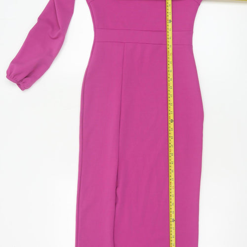 Boohoo Women Pink Midi Bodycon Dress Size 10 Long Sleeve Square Neck