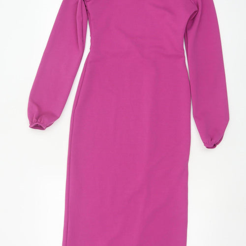 Boohoo Women Pink Midi Bodycon Dress Size 10 Long Sleeve Square Neck