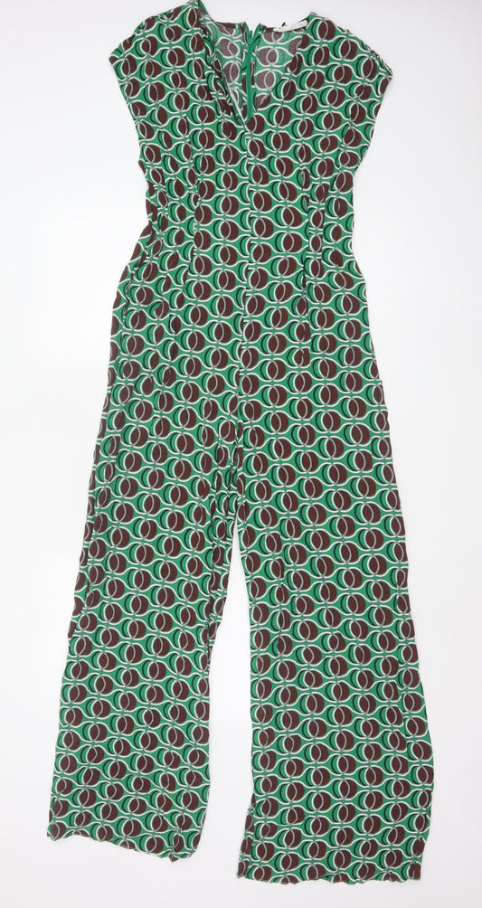 MNG Women's Green Geometric Wide-Leg Jumpsuit Size M V-Neck Zip Back